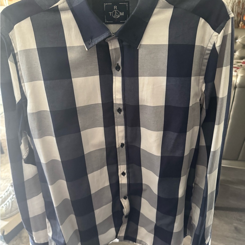 Men’s Navy Blue And White Checkered, Button-Down, Long Sleeve Shirt, Size L